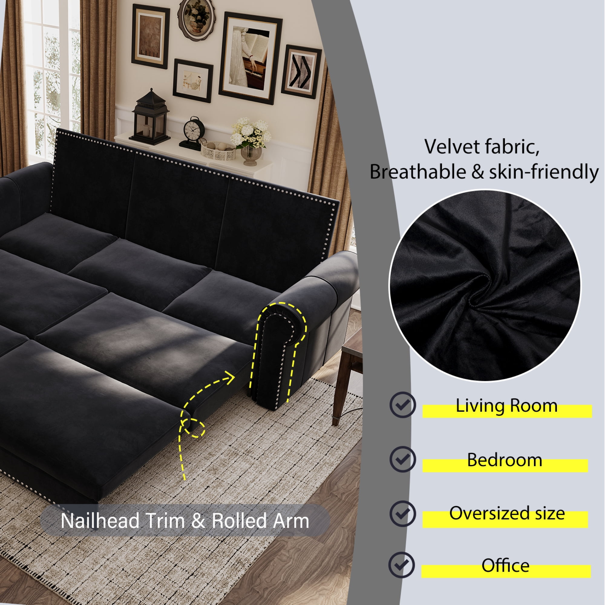 LLappuil King Size Pull Out Sofa Bed, Oversized Loveseat Sofa Convertible Sleeper Sofa Bed, Velvet Sofa Couch for Living Room Apartment Black