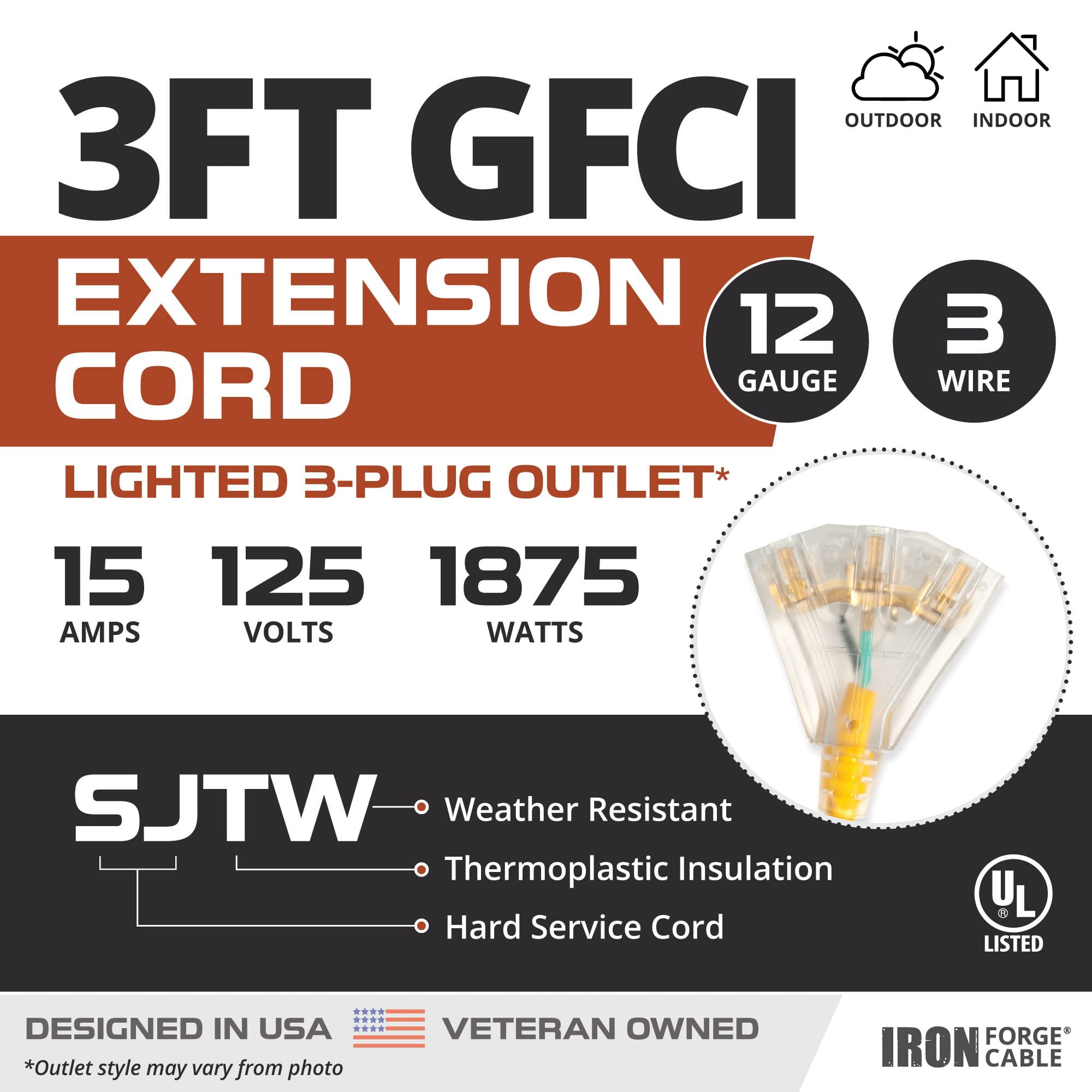 Iron Forge Cable 3ft Lighted Outdoor GFCI Extension Cord with 3 Electrical Power Outlets - 12/3 Yellow Heavy Duty Extension Cord with Multiple Outlets