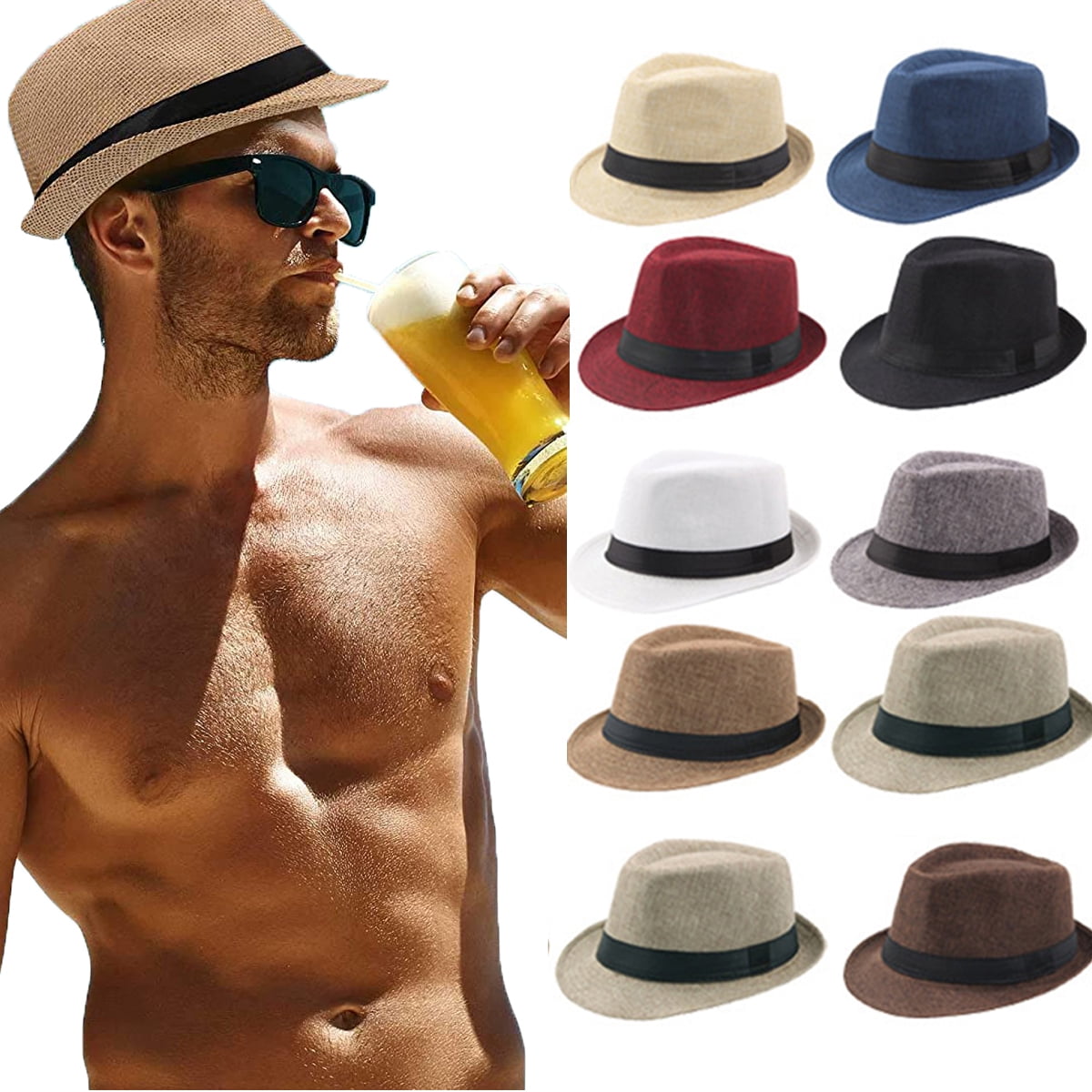 Summer Women Men Beach Trilby Fedora Straw Panama Wide Brim Beach Cap Sun Hat 
