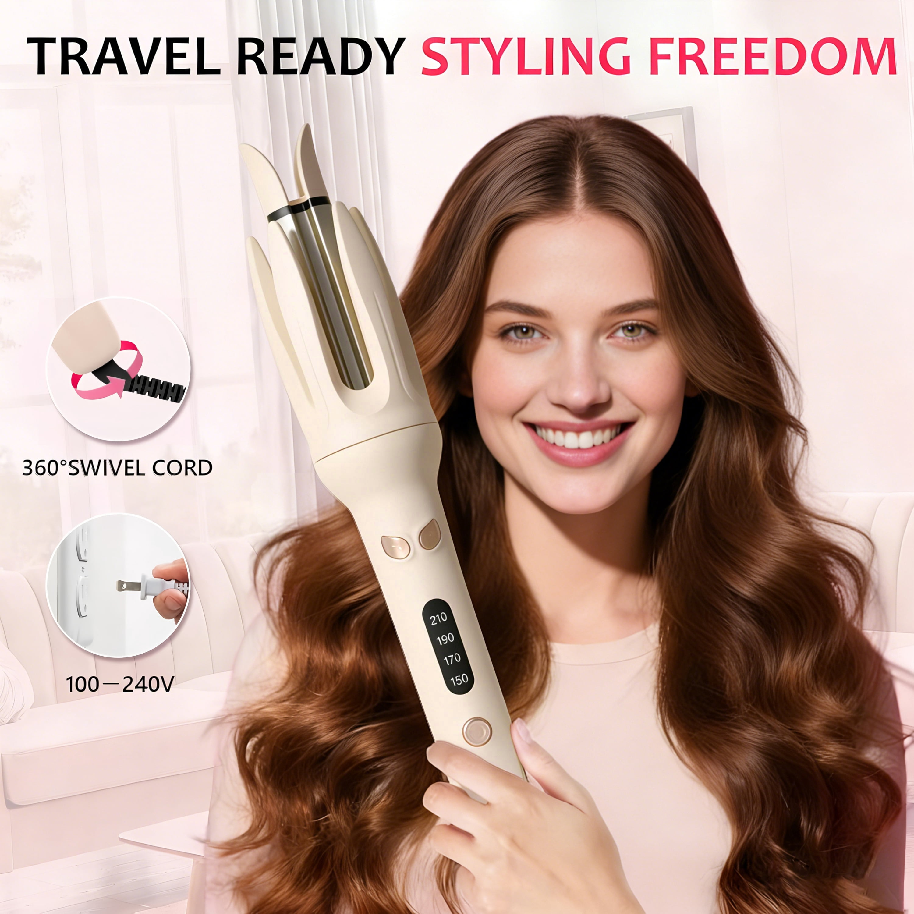 Moremore 1.10 in Automatic Curling Iron, Electric Curling Wand, Anti-Tangle Rotating Ceramic Hair Curler, Negative Ionic, Cream Yellow