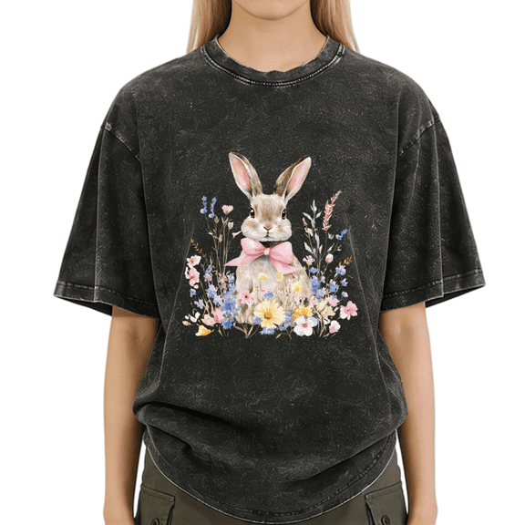 Black Washed Easter Bunny Pink Bow Floral Wildflowers Tshirt Graphic Tees Shirts Holiday Kawaii S-2XL Tops