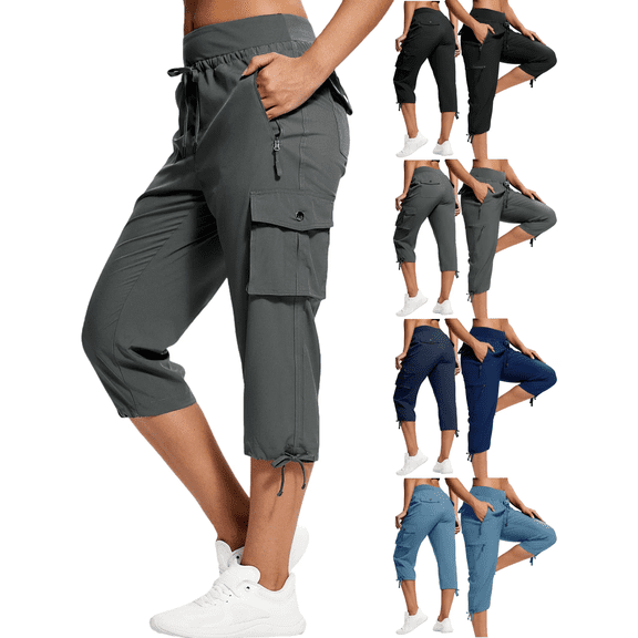 Vmvidoty Women Outdoor Cargo Capri Drawstring Elastic Band High Waist Pant Cropped Summer Quick Dry Trousers with Multiple Side Zipper Pockets for Women Lightweight Hiking Outdoorwear Dark Gray S