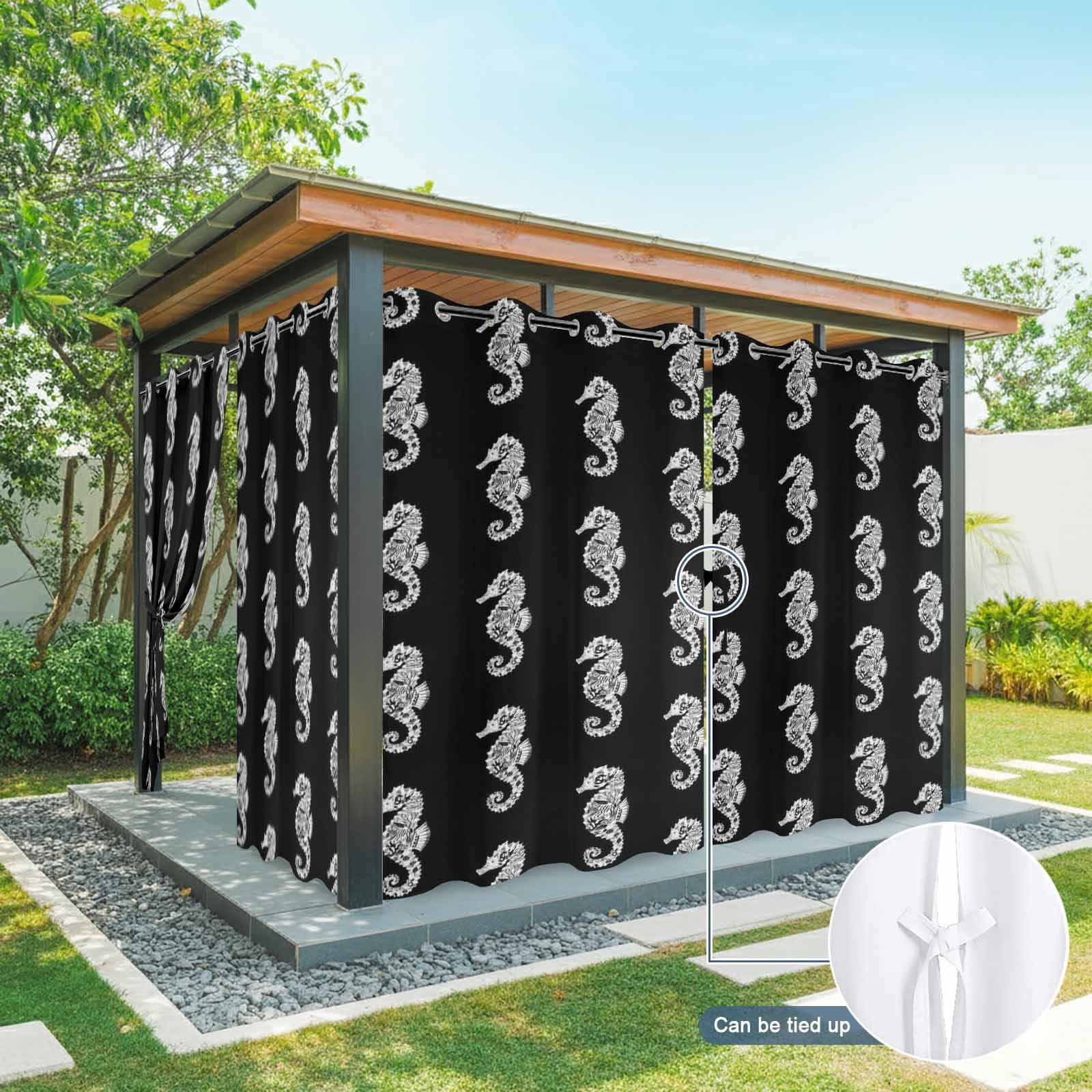 White Seahorse Outdoor Curtains for Patio, Watercolor Retro Summer Coral Ocean Black Background Sunshade Privacy Drapes Grommet Waterproof Outside Curtains for Porch/Cabana/Balcony 54"x 108", 1 Panel