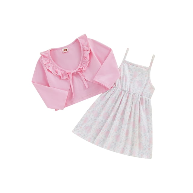 Kmbangi Ensemble d'Été 2 Pcs pour Fille, Robe Cami à Imprimé Floral + Hauts à Manches Longues avec Nœud 6M-4Y