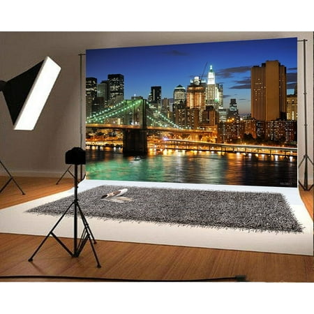 HelloDecor Polyster 7x5ft Photography Backdrop New York Bridge Night City View Photo Background Studio