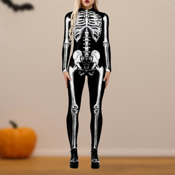 Disfraz Premium Body con estampado Digital de esqueleto en 3D, ropa de fiesta de retazos de estilo gótico para mujer Kuymtek Negro T M para Mujer