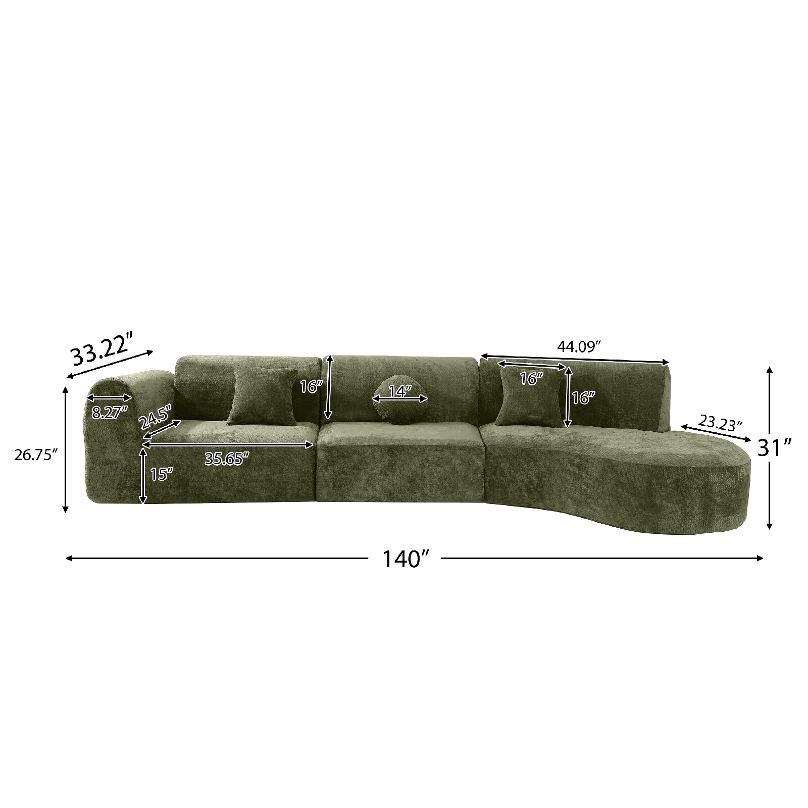 140" Modern Curved Sectional Sofa with High-Density Fully Compressed Sponge and Chaise Lounge, 3-Piece Set, Fully Assembled Right Hand Facing, Perfect for Living Room, Lounge, Green