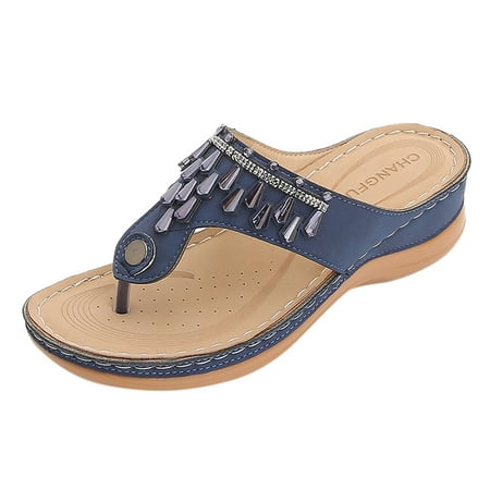 

dmqupv Women Summer Slip-On Wedges Beach Open Toe Breathable Sandals Embroidery Shoes Womens Strap Sandals Size 7 Female flats-sandals Blue 9.5
