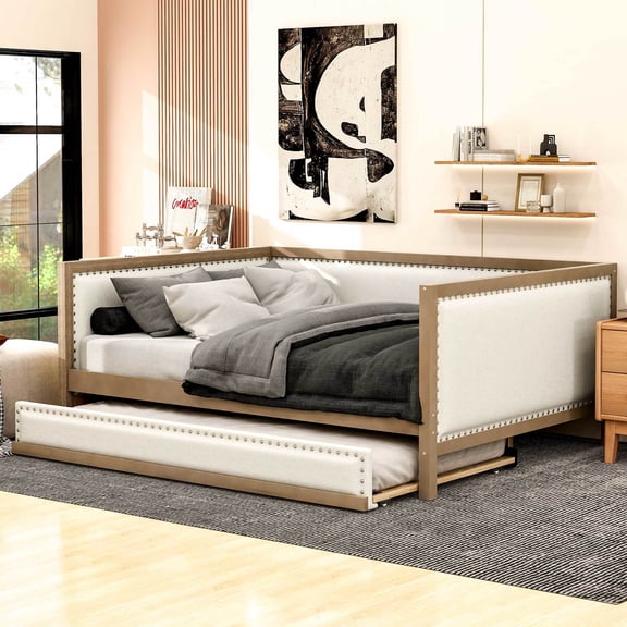 Noble House Dover Full Upholstered Daybed, Linen Guest Bed with Twin Trundle and Nailhead Trim, Wood & Beige