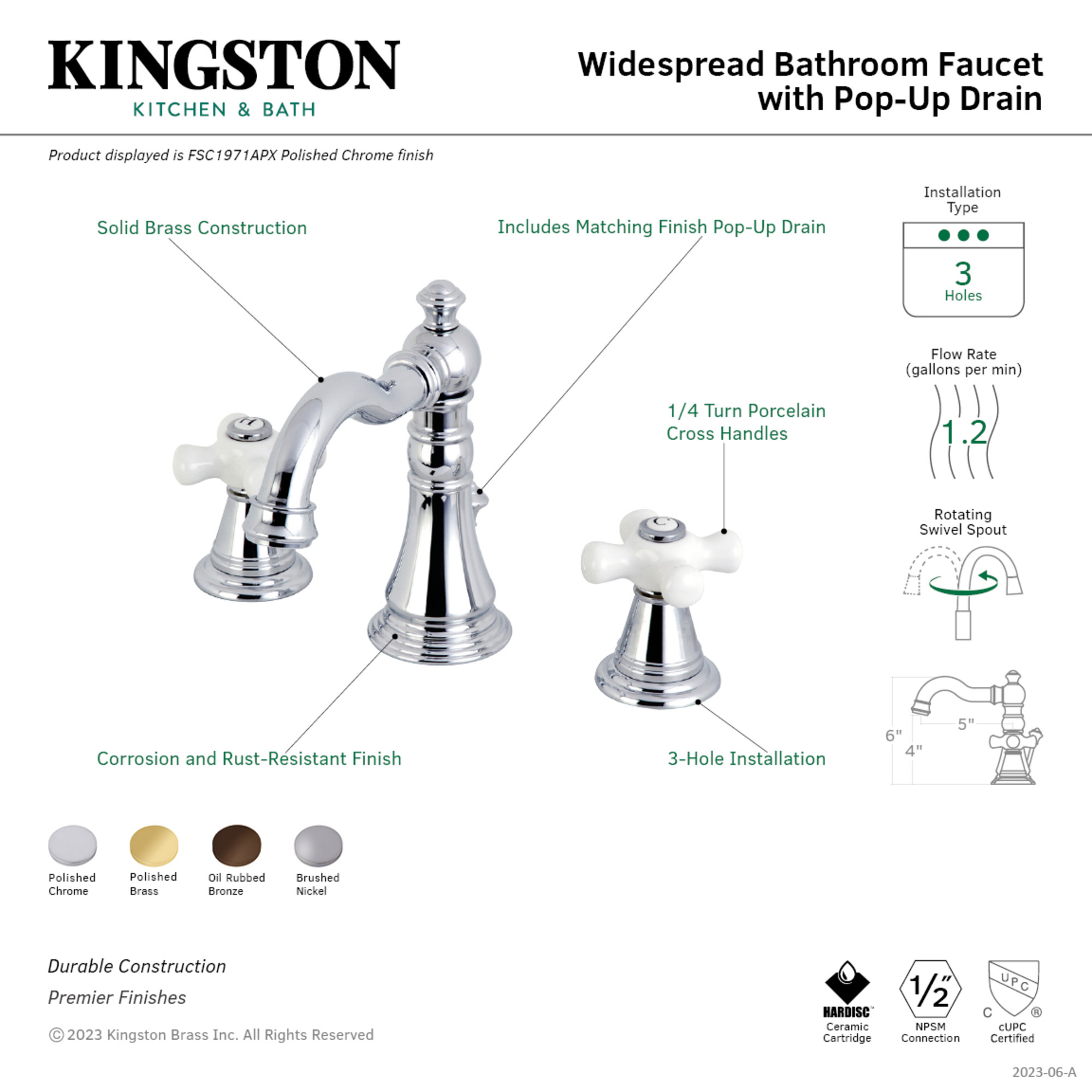 Kingston Brass FSC1972APX American Classic Widespread Bathroom Faucet with Pop-Up Drain, Polished Brass