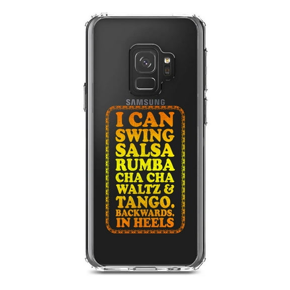 DistinctInk Clear Shockproof Hybrid Case for Samsung Galaxy S9 (5.8" Screen) - TPU Bumper Acrylic Back Tempered Glass Screen Protector - Swing Salsa Rumba Cha Cha Waltz in Heels