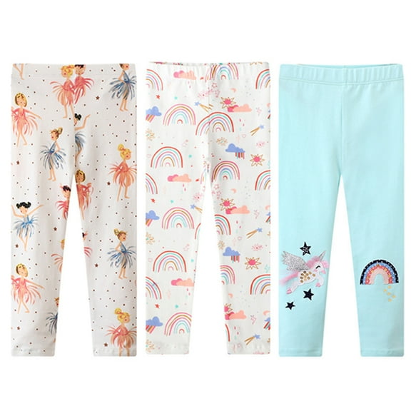 Toddlers Girls Leggings 3-Pack Set Cotton Casual Solid Printing Stretch Tights Pants for Kids 2-7 Years