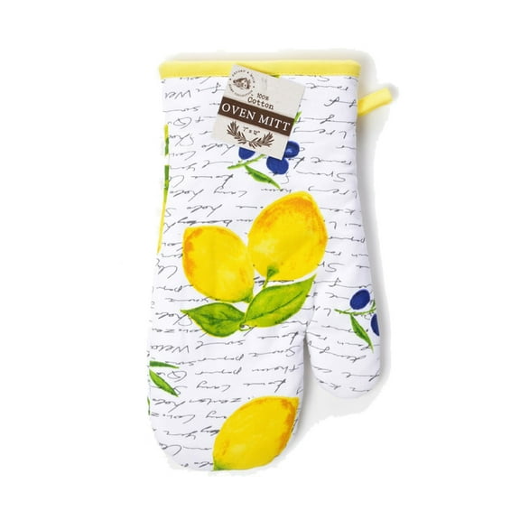 Oxford and Main 100% Premium Cotton Oven Mitt, 12 " Pot Holder Glove, Heat Resistant Baking Glove, Farmhouse Watercolor Design, Lemons