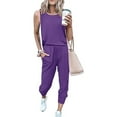 thumbnail image 2 of REORIAFEE Summer 2 Piece Outfits Women Sleeveless Tops Crewneck Tanks Sleeveless Tank 7/8 Pants Shirts Solid Print Pullover Lounge Jogger Sets Wide Strap Vest Going Out Purple, 2 of 5