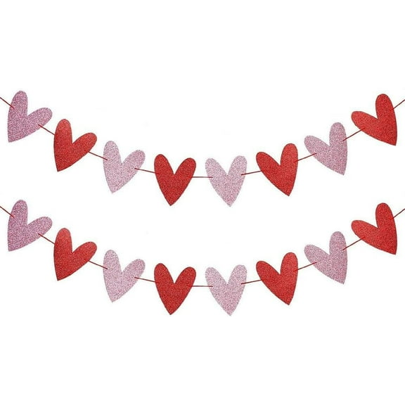 2 Strands Paper Valentine's Day Theme Banner Streamer with Glitter for Party Festival Home Decorations Heart Total 2m