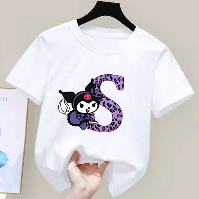 Kuromi-Camiseta de manga corta para niños, A-Z con letras de Anime Sanrio, ropa suave con corazón femenino, regalo de cumpleaños Kawaii