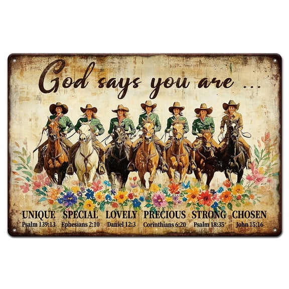 Horse Cowgirl Metal Tin Sign "God says you are ..." Vintage Painting Tin Signs 12x8inch Retro Wall Art Plaque Poster