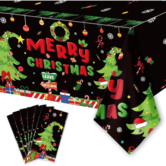 MISSUNNY 6PCS Christmas Disposable Tablecloths, 108" x 54" Rectangular Plastic Waterproof Tablecover with Christmas Stocking Gift Wreath, Winter Holiday Themed Party Party Decoration Supplies
