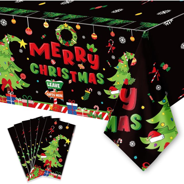 MISSUNNY 6PCS Christmas Disposable Tablecloths, 108" x 54" Rectangular Plastic Waterproof Tablecover with Christmas Stocking Gift Wreath, Winter Holiday Themed Party Party Decoration Supplies