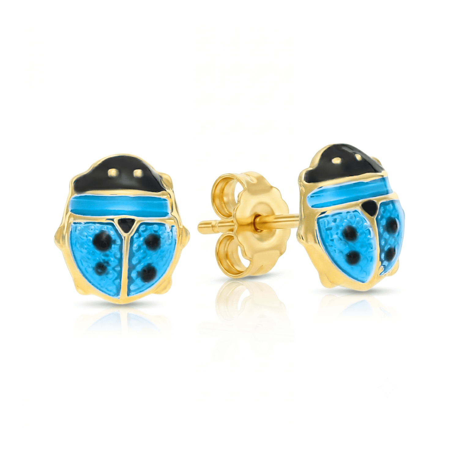 Tilo Jewelry 14K Yellow Gold Blue Poke-A-Dot Enamel Ladybug Stud Post Earrings with Secure Push-Backs | Everyday Dainty Small Earrings for Women, Unisex, Every Age