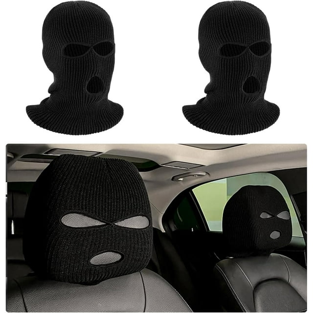 PIOE-2 PCS Car Headrest Covers, Personalized Funny Full Face Mask Car Seat Headrest Cover, Ski Mask Front Seat Decoration Headrest Protector for Most Vehicles, Car Accessories (Black)
