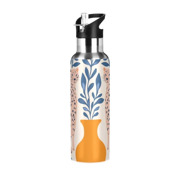 Yayeee 20oz Insulated Water Bottle Double Wall Stainless Steel with Flip Straw Lid, Leopards Leaves