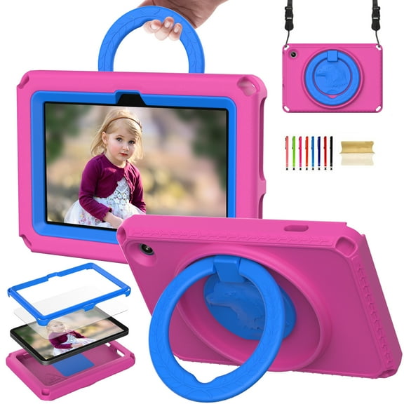 Feishell Case for Amazon Fire 7 (12th Generation) 2022 with Built-in Screen Protector,Shockproof Rugged 360 Rotatable Folding Handle Kickstand Kids Friendly EVA Case Cover with Shoulder Strap,Rose