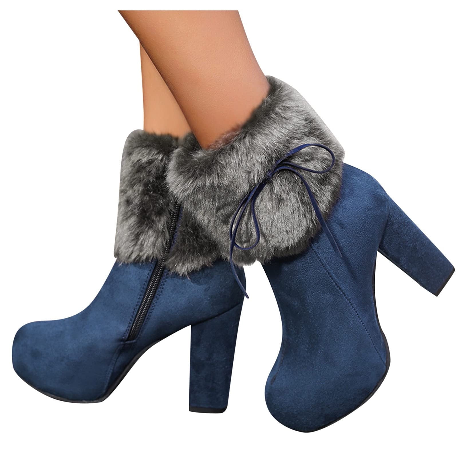 Fesfesfes Fuzzy Boots Women Warm Solid Retro Zipper High Heel