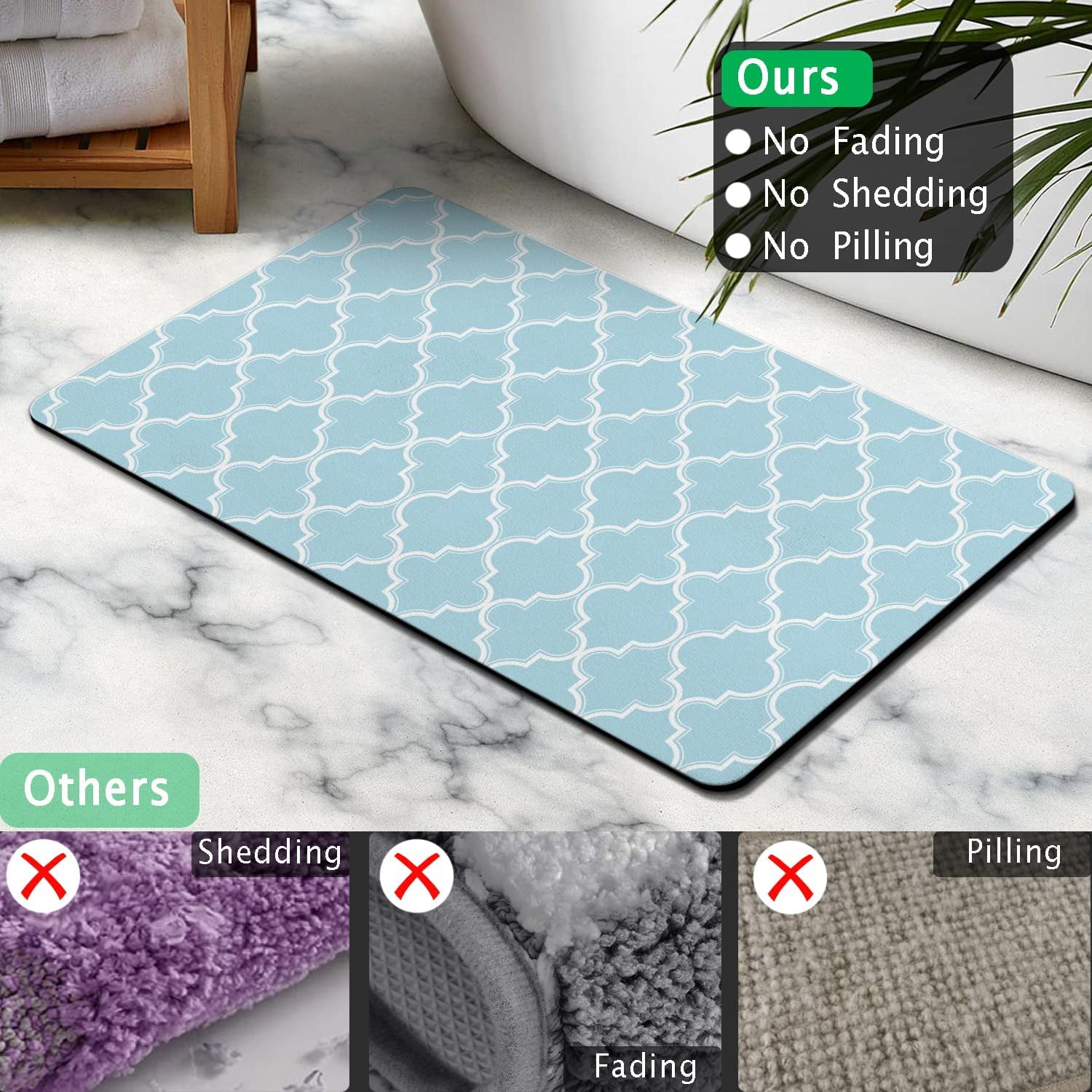 Light Blue Bath Mat 20"x32" Non Slip Quick Dry Super Water Absorbent Bath Floor Mats Modern Bathroom Rug Washable Luxury Thin Bathroom Rugs Fit Under Door