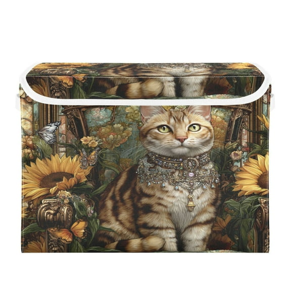 Large Collapsible Storage Box Flip Lid Fabric Decorative Organizer Container Basket with Handles 16.5×12.6×11.8in A Regal Tabby Cat