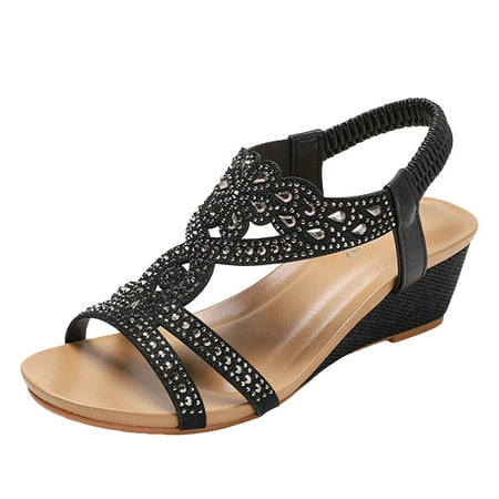 

Mnyotv Summer Shoes Animal Print Sandals for Women Wedge Fashion Sandals Summer New Bohemian Style Retro Rhinestone Elastic Strap Roman Shoes Black 39