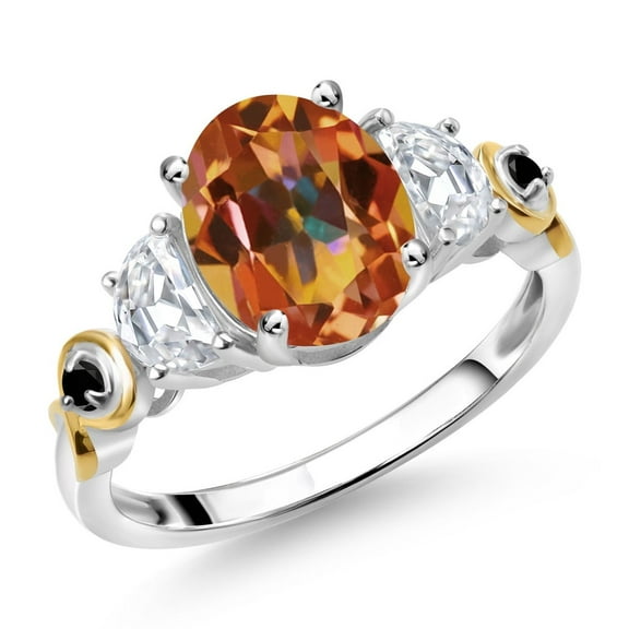 Gem Stone King 925 Silver and 10K Yellow Gold 3-Stone Ring Oval Ecstasy Mystic Topaz and Moissanite (2.51 Cttw, Size 6)