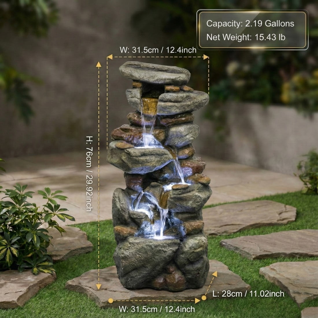 Bear Outdoor Water Fountain with LED Lights Resin Cascading Waterfall Garden Fountain for Patio Yard Balcony Decorative Water Feature