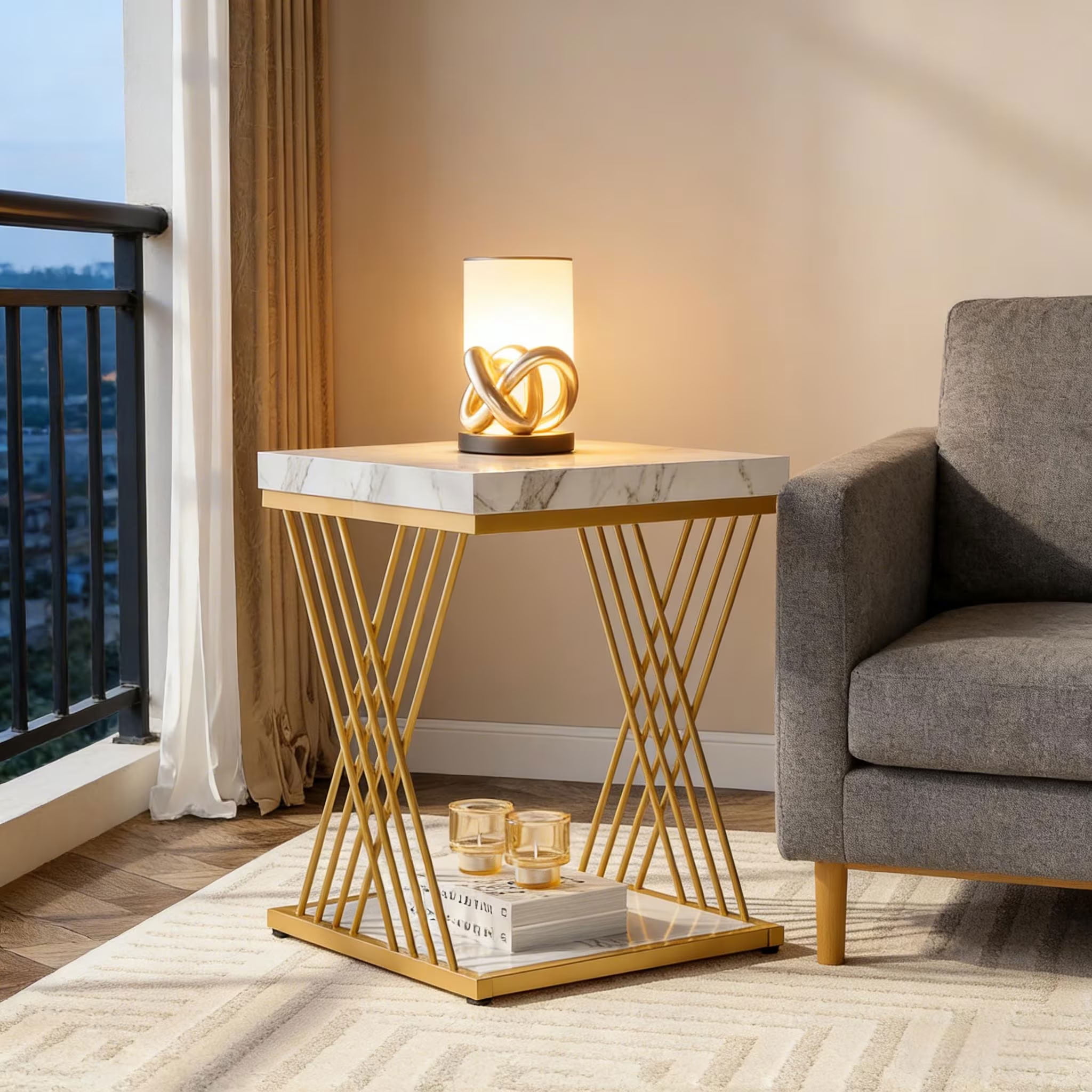 MAYEERTY 2-Tier Square End Table, Modern Gold Metal Side Table with Faux Marble Top, for Living Room, Bedroom