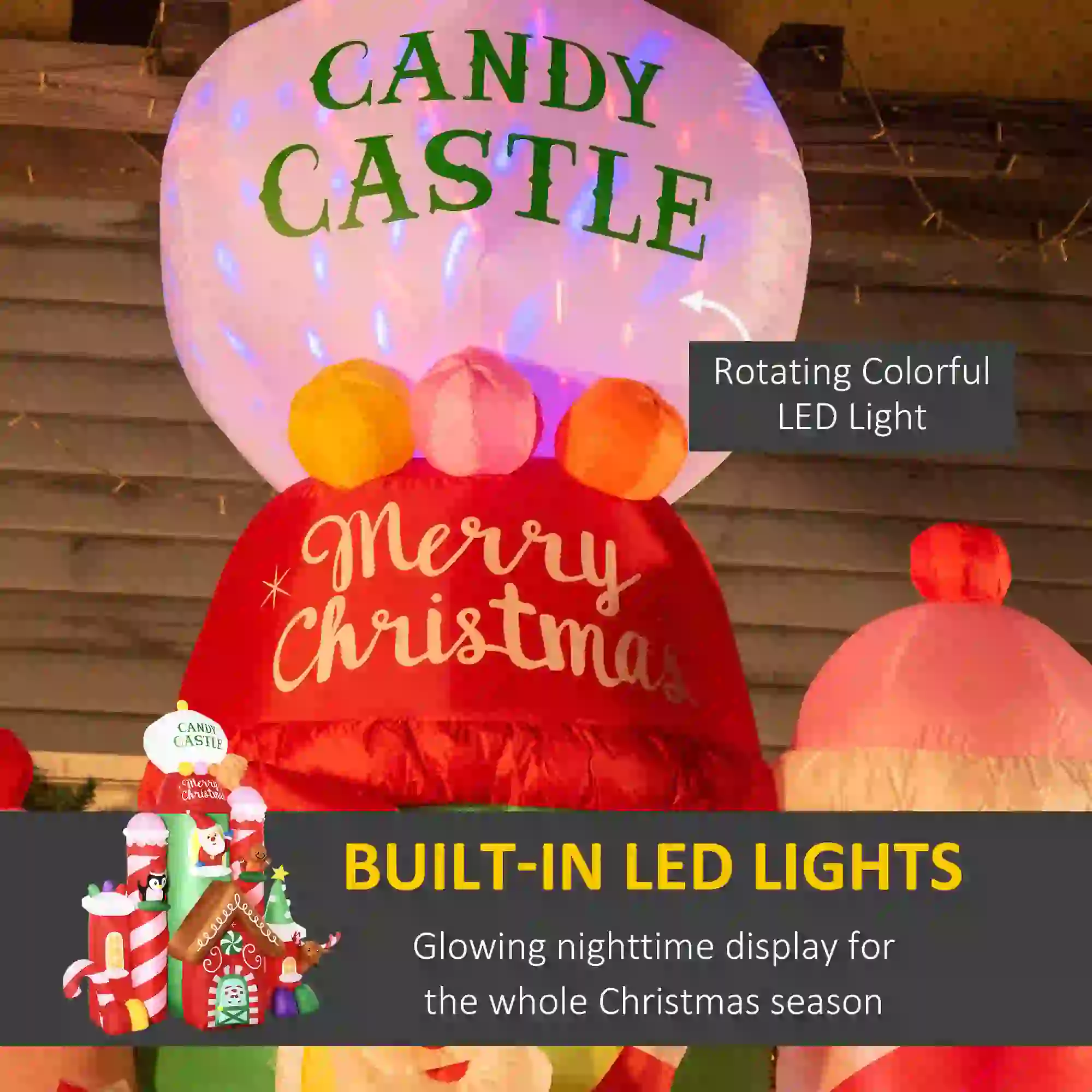 10ft Christmas Inflatables Candy Castle with Santa, Penguin, Gingerbread Man and Elk, Red