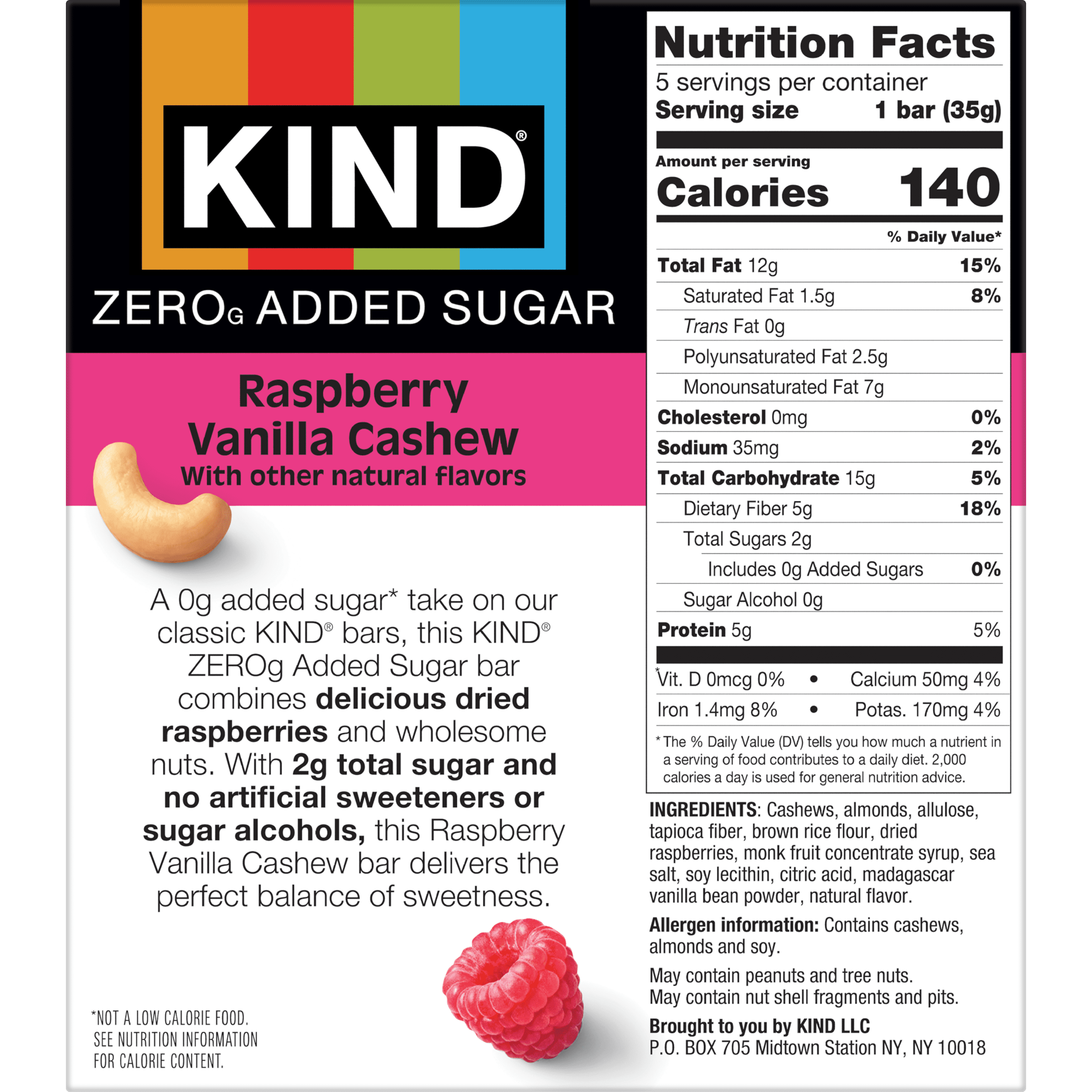 (6 pack) KIND Zero Added Sugar Bars, Raspberry Vanilla Cashew, Gluten Free, High Fiber, 5 Count