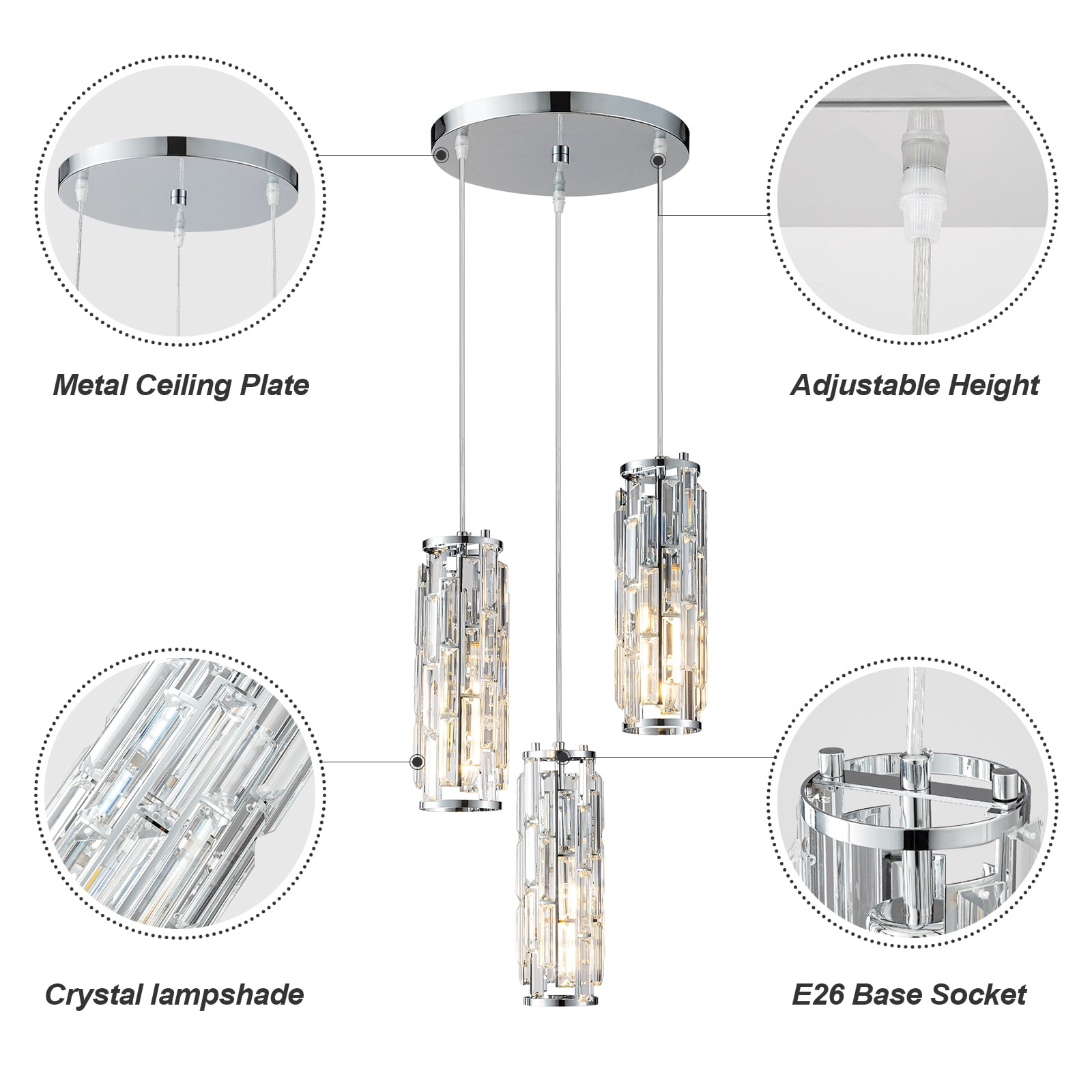 Mini Crystal Chandeliers Adjustable Pendant Light Modern Chrome Pendant Light Fixture for Living Room, Dinning Room, Kitchen Island and Bedroom(3-light)
