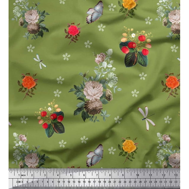 Soimoi Poly Georgette Fabric,Strawberry & Peony Floral Print Fabric by The Yard 42 Inch Wide