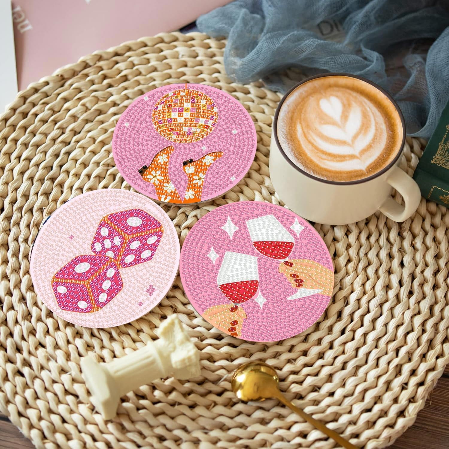 Pink Vintage Diamond Paintings Coasters Kits Set,8 Pieces Retro Funny Drinks Diamond Art Painting Coasters Kit with Holder,5D DIY Full Drill Diamonds Dot for Beginners Gift