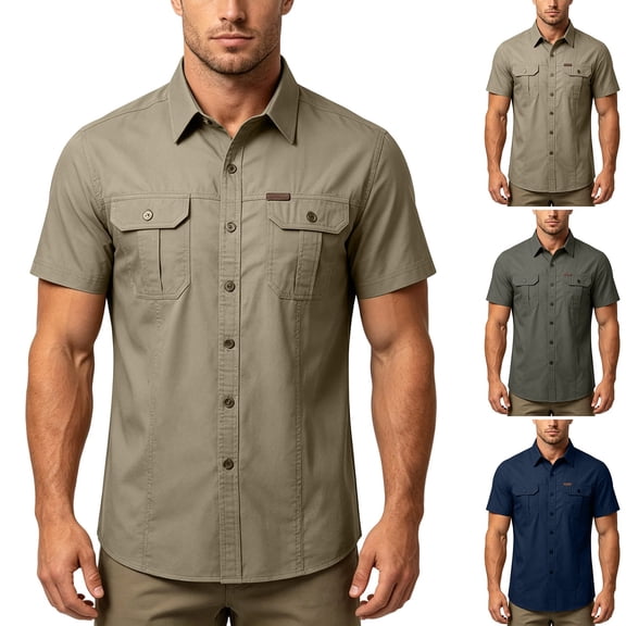 Men's and Big Short Sleeve Tactical Shirts Cotton Blend, UPF 50 Ripstop Work Shirts, Breathable Button Down Outdoor Hiking Shirt with Double Pocket Size M-5XL Khaki