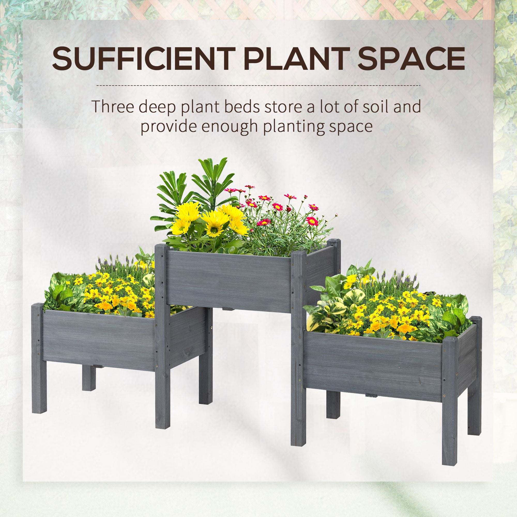 Outsunny 73" x 18" x 32" Raised Garden Bed w/ Three Elevated Planter Box, Freestanding Wooden Plant Stand for Vegetables, Herb, Flowers, Gray