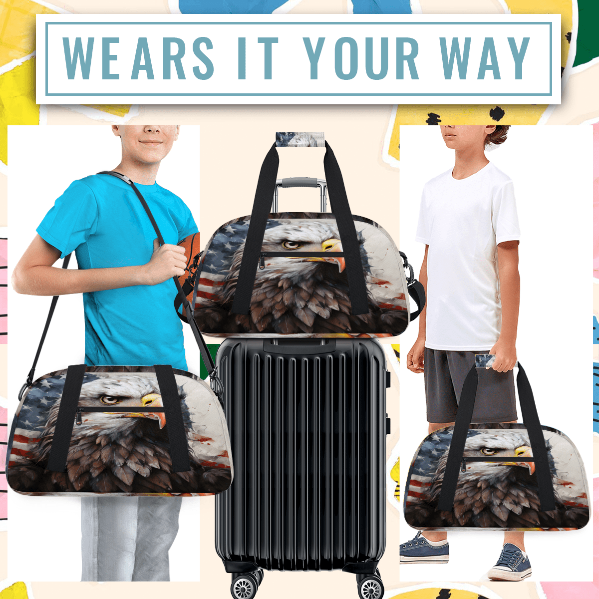 Herdesigns America Eagles Sports Duffle Bag for Women & Men, American Flag Gym Bag Dance Bag Overnight Bag Carry On Weekender Travel Bag