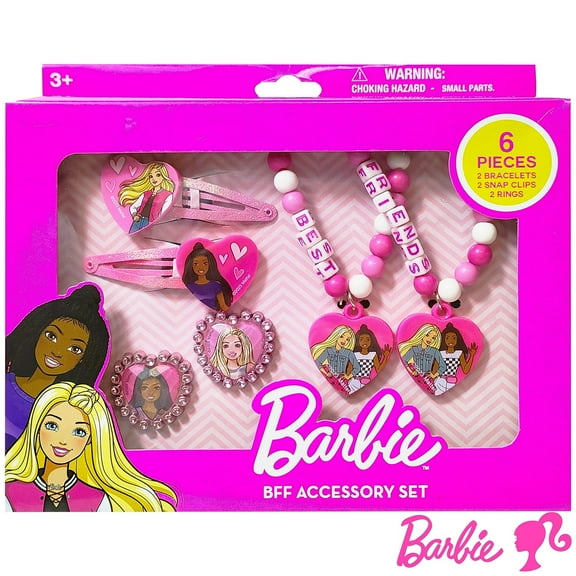 LUV HER Barbie Accessories for Girls 6 Piece Toy Jewelry Box Set with 2 Rings, 2 Bead Bracelets, and Snap Hair Clips Ages 3 