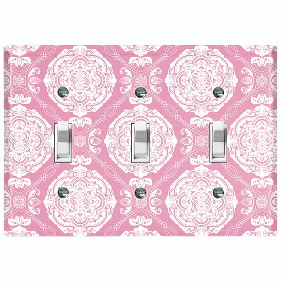 Metal Light Switch Plate Cover Mandala Pink White Floral Pattern Damask MDL076