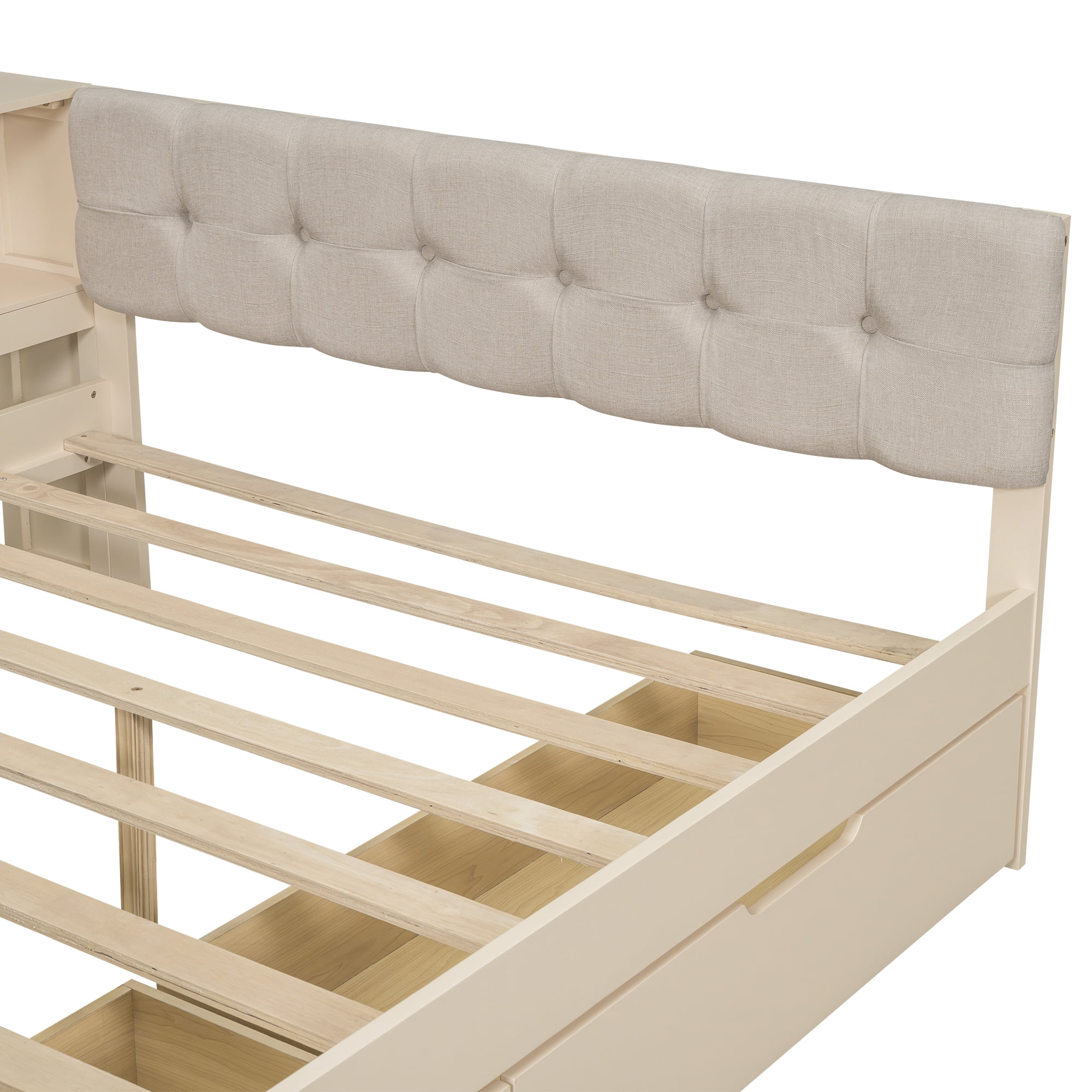 Alvantor Wood Full Size Platform Bed with Storage Drawers and Desk, Upholstered Corner Bed Frame With Charging Station, Cream