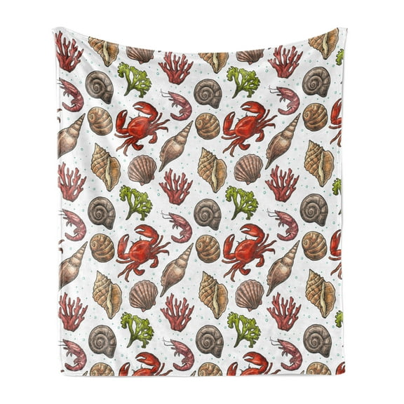 Sea Shells Soft Flannel Fleece Throw Blanket, Maritime Pattern Shrimp Crab and Coral Design Marine Elements Vintage Summer, Cozy Plush for Indoor and Outdoor Use, 50" x 70", Multicolor, by Ambesonne
