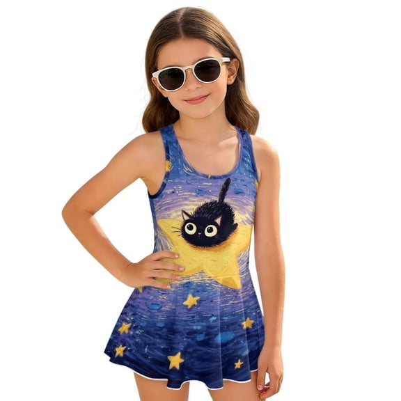 FOR U DESIGNS Girls' Sleeveless One-Piece Swimsuit Sleeveless Bathing Suit Swimwear Skirted Bathing Suit for 3-13 Years, Cat Star