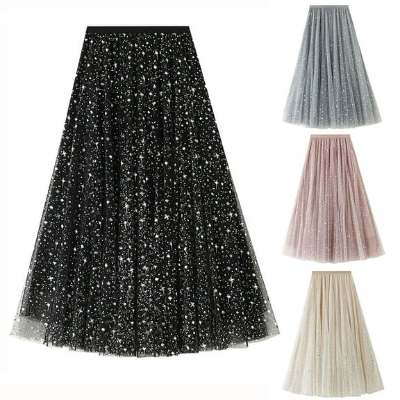 Nfurl Womens Sparkle Tulle Skirts Shiny Layered Concert Cocktail Midi Skirt Trendy Ruffle Evening Club Prom Party Glitter Sequin Skirts Black Free Size