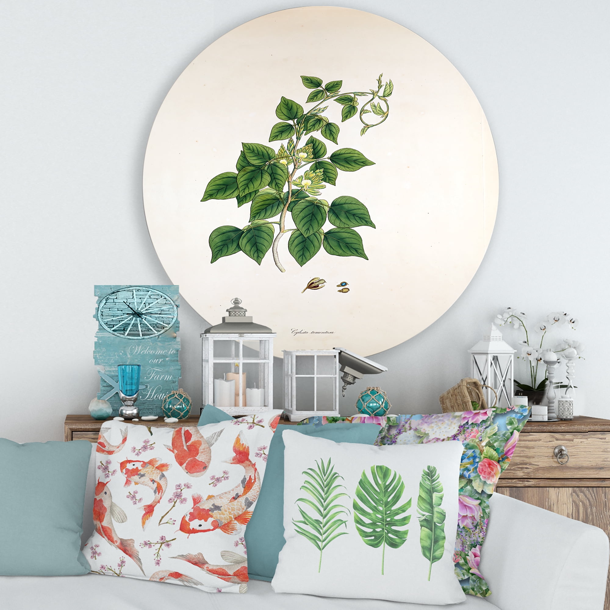 Designart 'Ancient London Plants VIII' Farmhouse Circle Metal Wall Art 36x36 - Disc of 36
