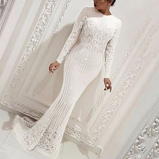 Vestido de noche de manga larga con escote en V sexy y color bronce para mujer de primavera